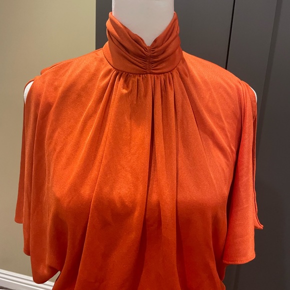 Vintage 1970’s Beautiful High Neck Orange Gown With Attached Overlay - Picture 8 of 12